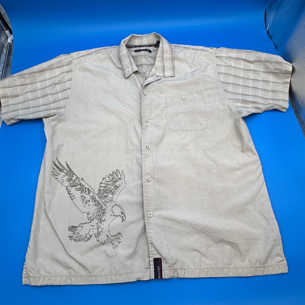 VTG Bugle Boy Beige Eagle Graphic Plaid Short Sleeve Button Up Shirt XL Men